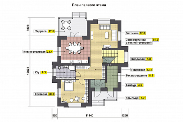 Проект дома с крытой террасой, кладовой под лестницей, гостевой на первом этаже, хозяйской спальней на втором этаже / План 1 этажа