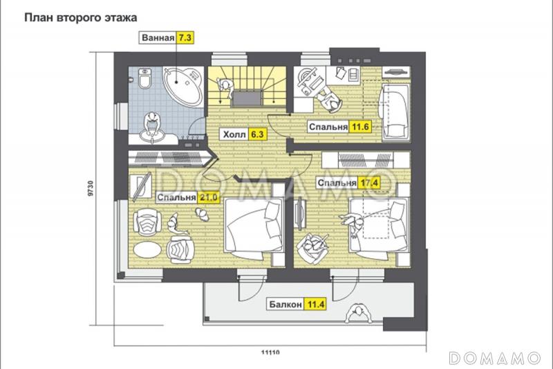 Проект дома с террасами, мансардными окнами, кухней-столовой / План мансардного этажа
