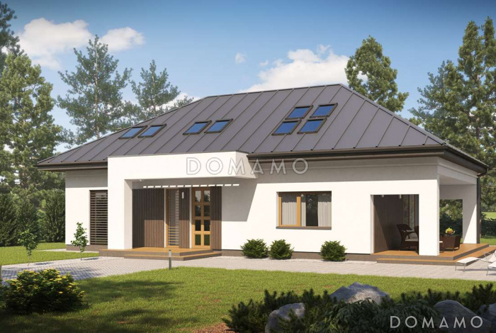 Проект большого одноэтажного дома с мансардным этажом из газобетона с пятью спальнями, с современными фасадами