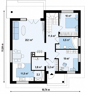 Проект одноэтажного дома из кирпича с двумя спальнями и крытой террасой с жилой мансардой / План 1 этажа
