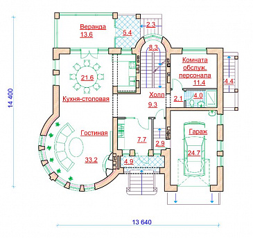 Проект коттеджа с круглой гостиной и гаражом / План 1 этажа