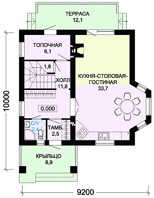 Проект дома из пеноблоков с отделкой из кирпича и зеленой шатровой крышей / План 1 этажа