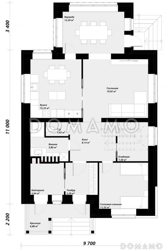 Проект современного двухэтажного дома с контрастной отделкой и застекленной верандой / План 1 этажа