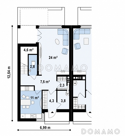 Проект компактных мансардных домов-близнецов из газобетона с изолированной кухней и тремя спальнями / План 1 этажа