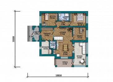Проект практичного одноэтажного дома с крытой террасой, застекленной верандой, тремя спальнями, кабинетом и тремя санузлами / План 1 этажа