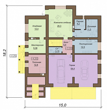 Проект двухэтажного коттеджа с цокольным этажом, гаражом и парной / План цокольного этажа