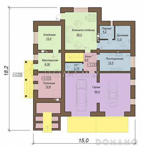 Проект двухэтажного коттеджа с цокольным этажом, гаражом и парной / План цокольного этажа