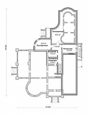 Проект коттеджа с бассейном, зимним садом и гаражом на 2 а/м,  / План цокольного этажа