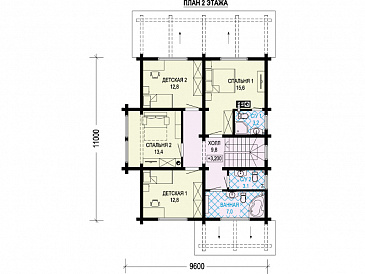 Проект двухэтажного дома из бруса с пятью комнатами, эркером и крытой террасой / План 2 этажа