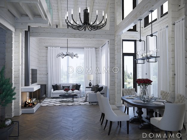 Проект дома-шале со вторым светом в гостиной и балконом на мансарде