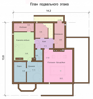Проект одноэтажного коттеджа с цокольным и мансардным этажами, с зимним садом и вторым светом / План цокольного этажа