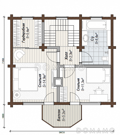 Проект двухэтажного коттеджа с эркером первого этажа, который переходит в балкон / План мансардного этажа