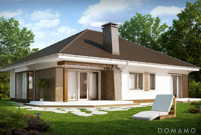 Проект одноэтажного дома из газобетона со стеклянным эркером в столовой зоне, четырьмя спальнями и гаражом