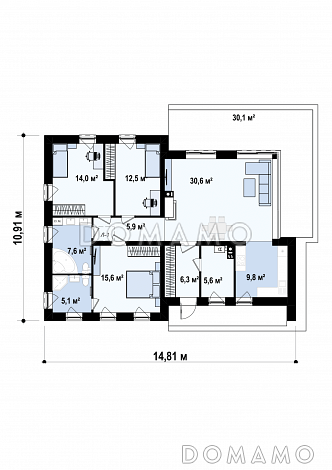 Проект современного одноэтажного дома с плоской крышей из кирпича с тремя спальнями и панорамным остеклением гостиной / План 1 этажа