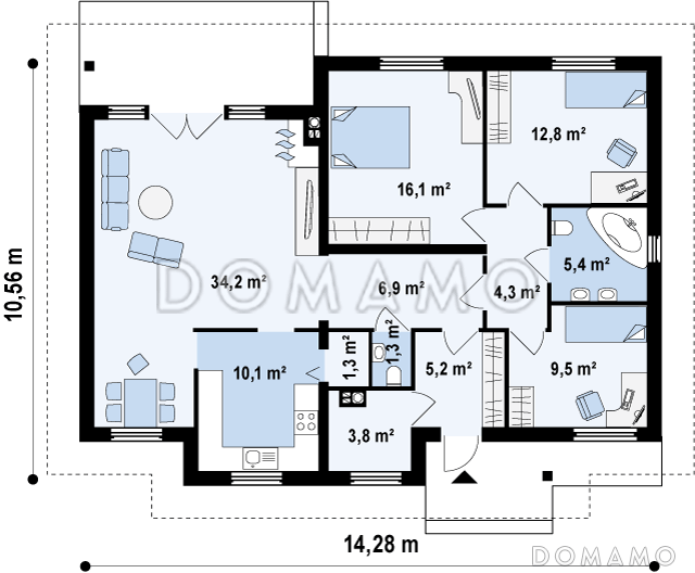 Проект одноэтажного дома из кирпича с тремя спальнями и комнатой на мансардном этаже / План 1 этажа