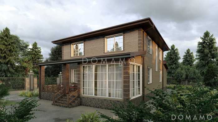 Проект двухэтажного дома из газобетона с пристроенным гаражом и верандой