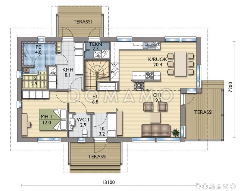 Проект каркасного дома с тремя спальнями и санузлом на втором этаже / План 1 этажа