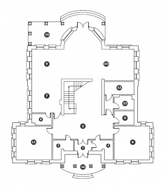 Проект двухэтажного дома в классическом стиле с просторной гостинной / План 1 этажа