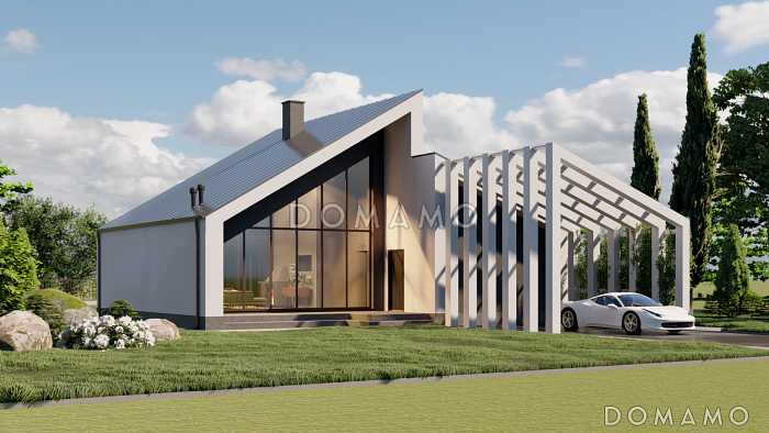 Проект одноэтажного газобетонного дома в стиле хай-тек с "живым" навесом