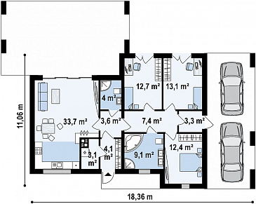 Проект современного одноэтажного дома из газобетона с плоской крышей, с тремя спальнями, террасой и навесом для двух автомобилей  / План 1 этажа