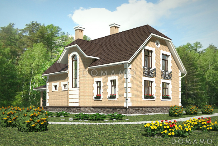 Проект коттеджа с эркером и французскими балконами.