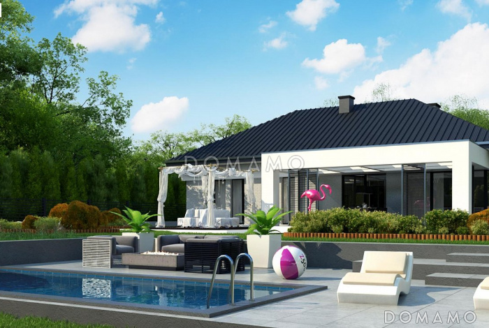 Проект комфортного одноэтажного дома из газобетона с панорамным остеклением обеденной зоны и гаражом