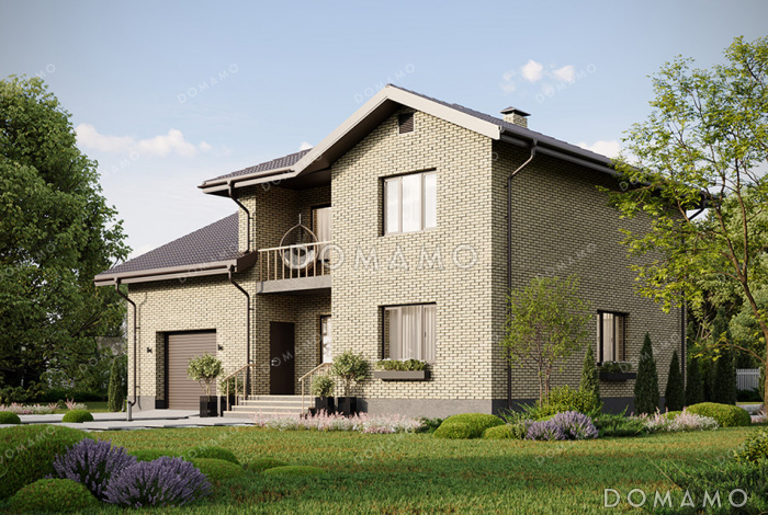 Проект современного двухэтажного дома с просторным гаражом, балконом, совмещенной кухней-гостиной и большим зимним садом на втором этаже