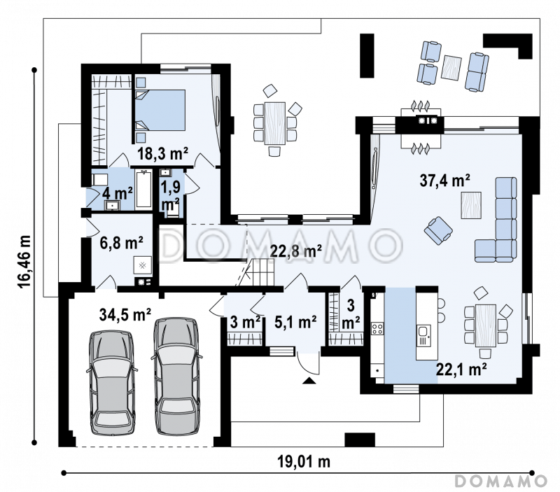 Проект современного просторного двухэтажного дома из газобетона с гаражом и просторными террасами на обоих уровнях / План 1 этажа