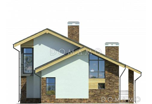 Проект загородного дома с панорамным окном в гостиной и спальне на мансардном этаже, крытой террасой с выходом из кухни-столовой, спальней на первом этаже / Фасад 2