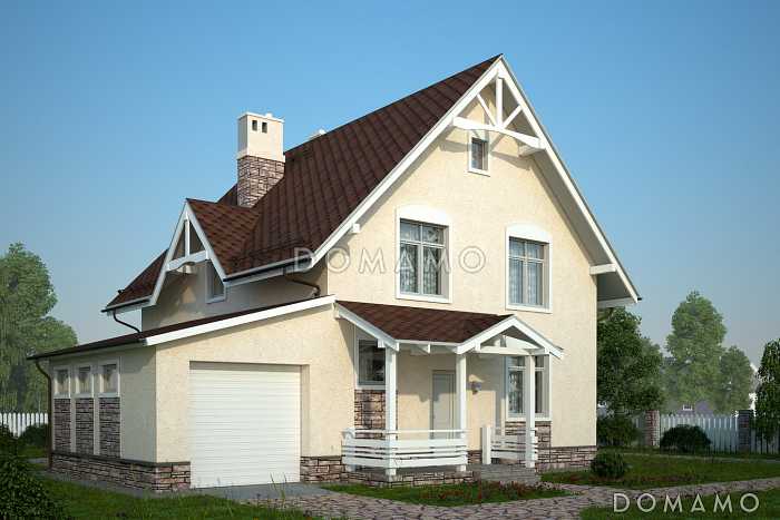 Проект бежевого оштукатуренного коттеджа с гаражом и эркером в гостиной