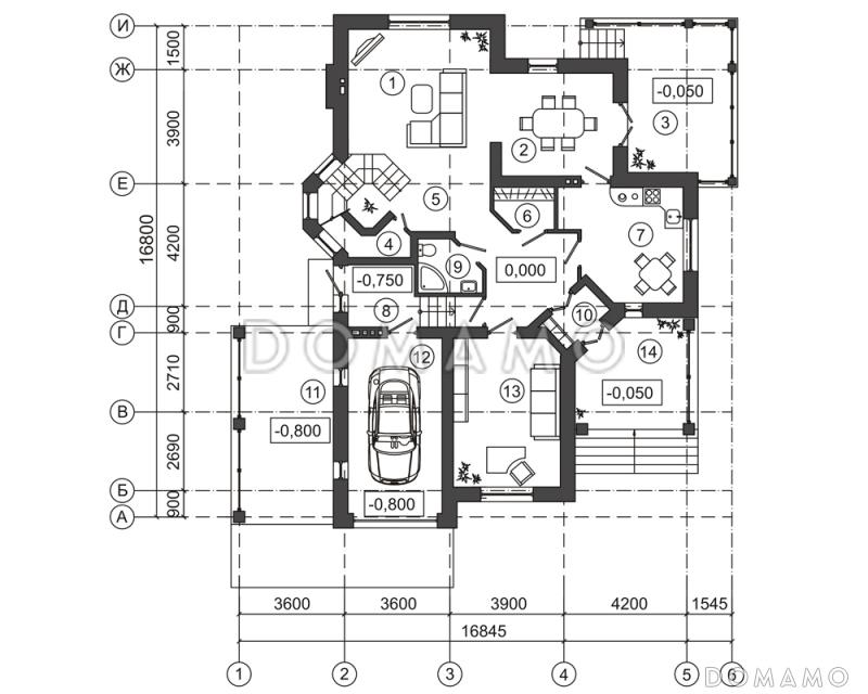Проект двухэтажного загородного дома с техподпольем и гаражом  / План 1 этажа