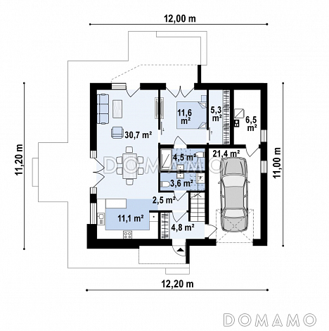 Проект современного двухэтажного дома с гаражом, кладовой, хозяйской спальней / План 1 этажа