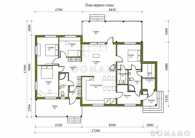 Проект одноэтажного каркасного дома с двумя крытыми террасами и сауной / План 1 этажа
