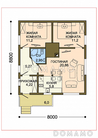 Проект современного одноэтажного дома из бруса с двумя жилыми комнатами  / План 1 этажа