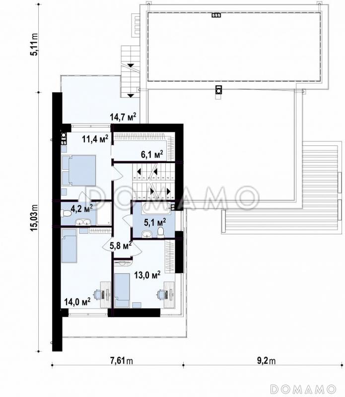 Проект современного двухэтажного дома из кирпича с подземным гаражом и террасой на втором уровне / План 2 этажа
