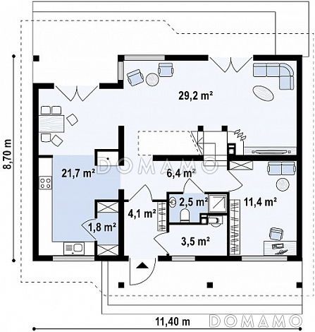 Проект одноэтажного мансардного дома из газобетона с кабинетом и тремя комнатами / План 1 этажа