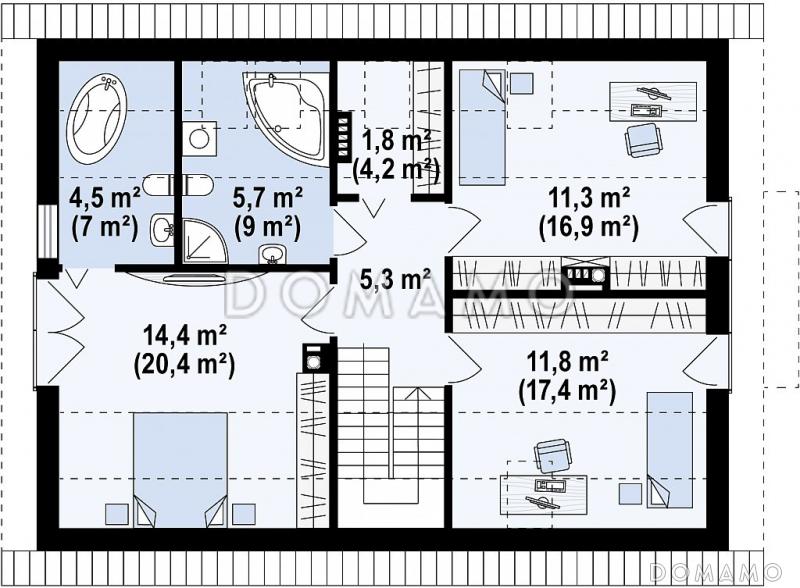 Проект одноэтажного мансардного дома из газобетона с просторной светлой гостиной / План мансардного этажа