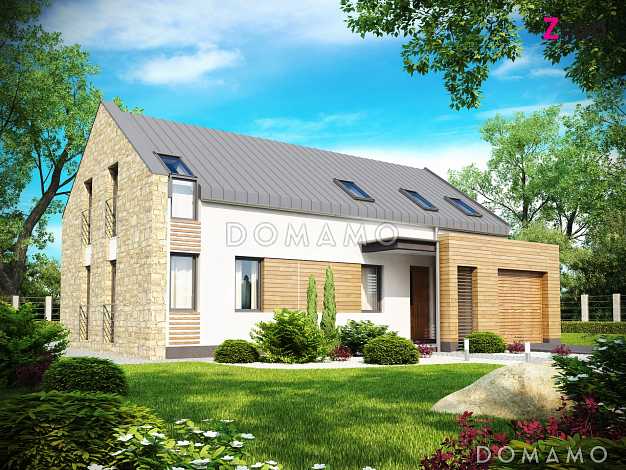 Проект современного мансардного дома из газобетона с пятью комнатами и гаражом