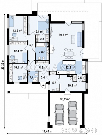 Проект просторного современного одноэтажного дома из кирпича с тремя спальнями, кабинетом и гаражом / План 1 этажа