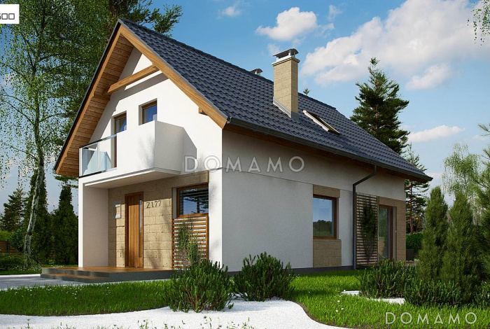 Проект одноэтажного мансардного дома из кирпича с кабинетом и балконом