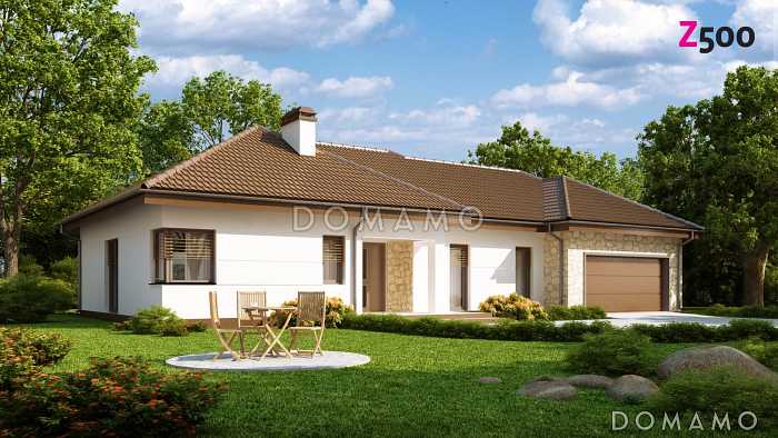 Проект одноэтажного дома из газобетона с большим встроенным гаражом на два автомобиля и мастерской 