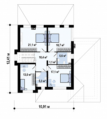 Проект  двухэтажного дома с гаражом для машины, подвалом, крытой террасой, кладовой на кухне, постирочной / План 2 этажа