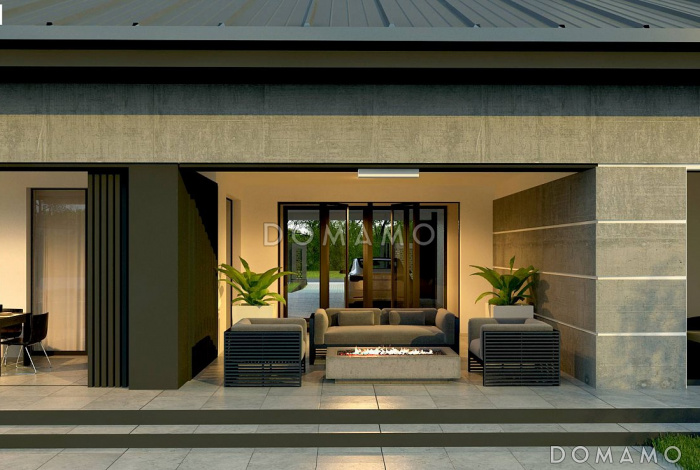 Проект оригинального одноэтажного дома из кирпича с крытой парковкой внутри дома