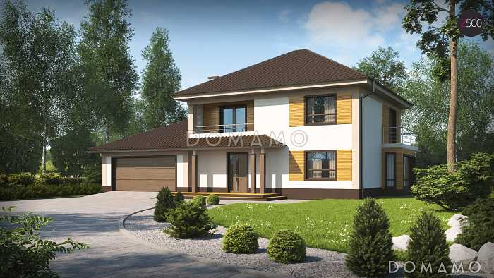 Проект двухэтажного дома из кирпича с эркером и балконом над ним, с тремя спальнями, кабинетом и двухместным гаражом