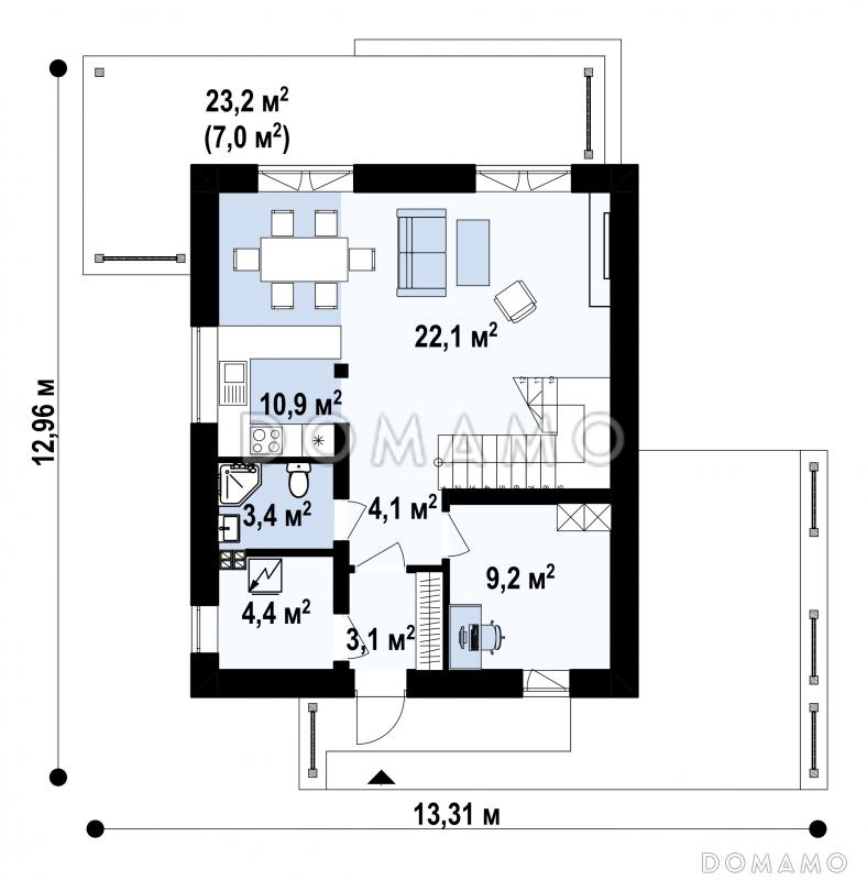 Проект дома с кабинетом, объединенной кухней и гостиной, террасой, спальнями на втором этаже / План 1 этажа
