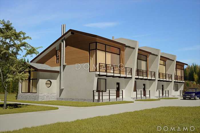 Проект дома с крытой террасой, балконами, круглыми окнами, большой кухней-столовой