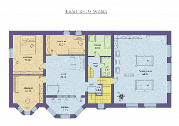 Проект двухэтажного дома с бассейном на цокольном этаже, гаражом и двумя эркерами / План 2 этажа