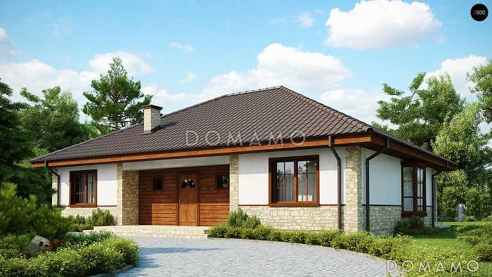 Проект одноэтажного дома с техническими помещениями в подвале, эркером в гостиной, тремя спальнями