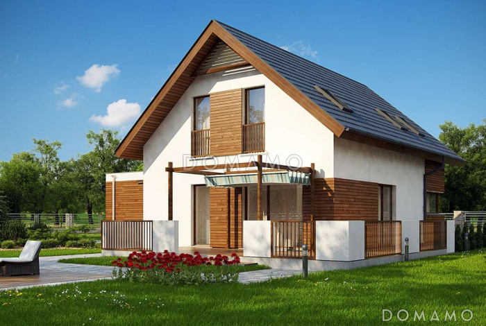 Проект комфортного одноэтажного мансардного дома из кирпича с изолированной кухней, большим гаражом и четырьмя спальнями