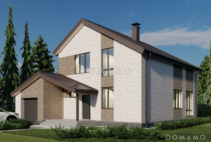 Проект двухэтажного каркасного дома с гаражом на два машиноместа, тремя спальнями и кабинетом на втором этаже